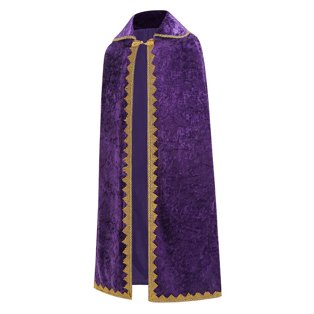 Medieval Royal Long Cape with Golden Lace Trim Floor Length Cloak Adult Men Women King Queen Halloween Cosplay Themed Party Cos