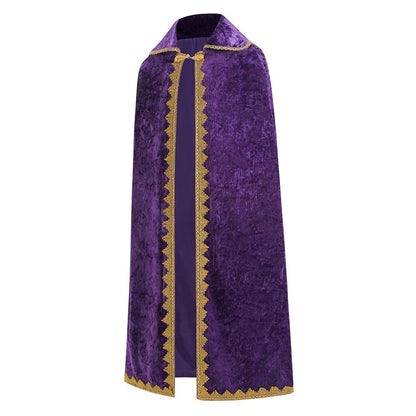 Medieval Royal Long Cape with Golden Lace Trim Floor Length Cloak Adult Men Women King Queen Halloween Cosplay Themed Party Cos