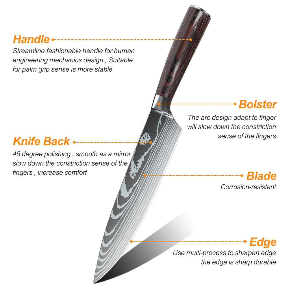 MDHAND Conjunto de Facas de Cozinha 7CR17 8 Peças Aço Inoxidável Afiado Faca de Chef para Fatiar Carne Cutelo Padrão de Damasco a Laser Faca de Chef Afiada