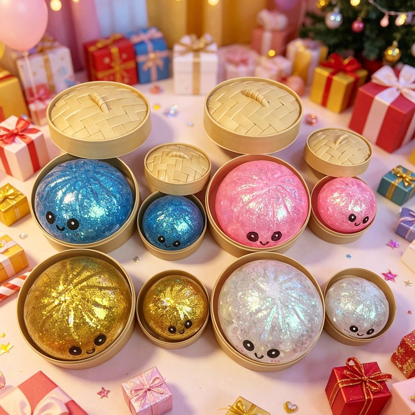 1PC Colorful Simulation Dumpling Squishy Stress Balls with Steamer, Birthday Gifts, Office?Party Gift