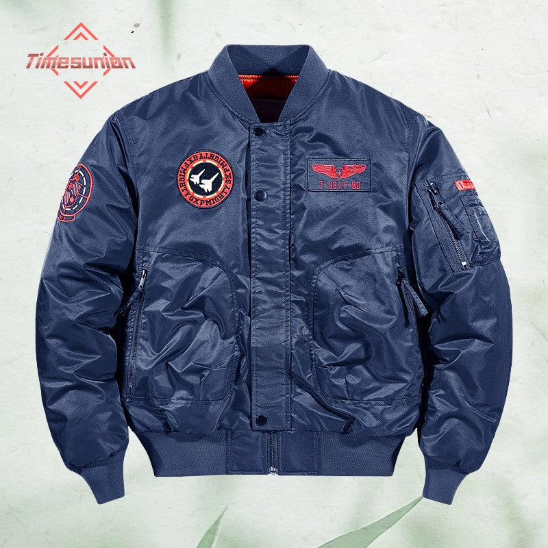 Unisex Winter Thicken Warm Bomber Jacket Air Force Style Flight Parkas Coat with Cotton Embroidery Casual Outwear for Men