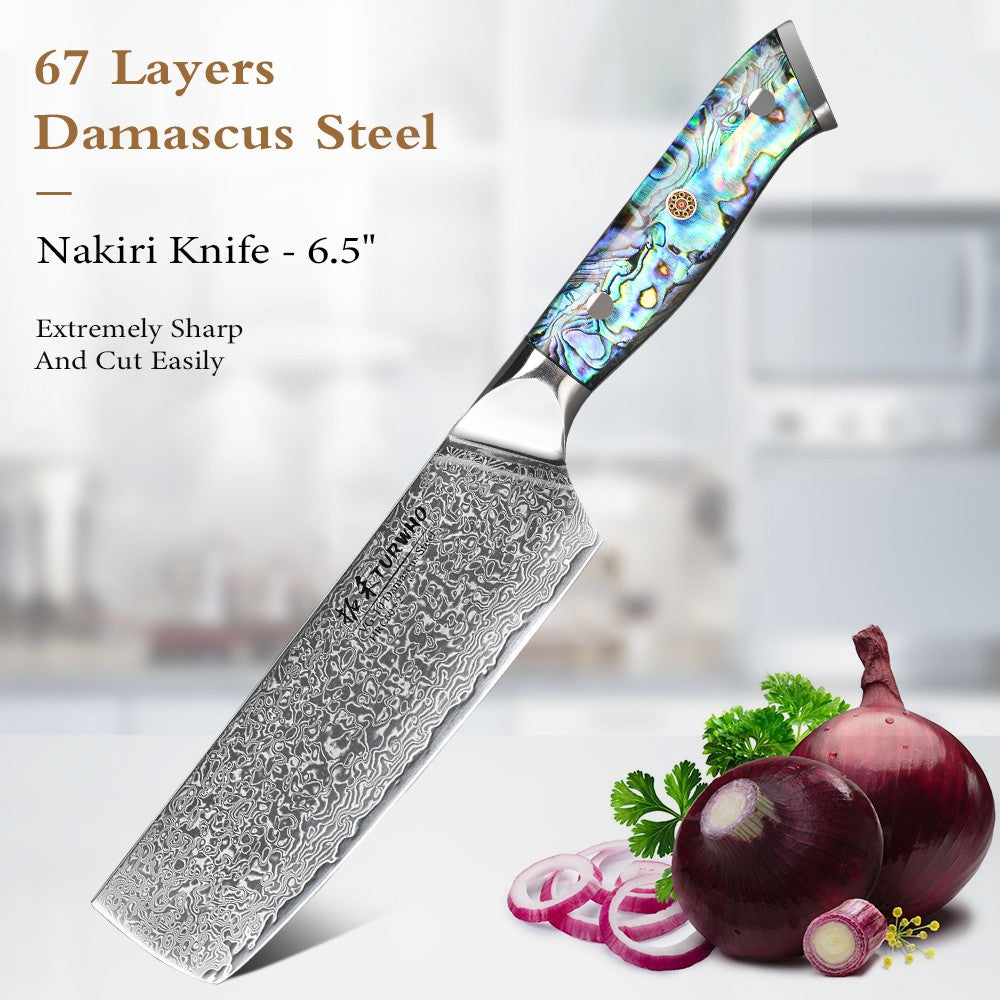 Faca de Cozinha TURWHO Japonesa de Aço Damasco de 67 Camadas com Cabo de Abalone Afiada Faca Santoku para Pão Bife Faca de Chef Ferramentas de Corte para Cozinha
