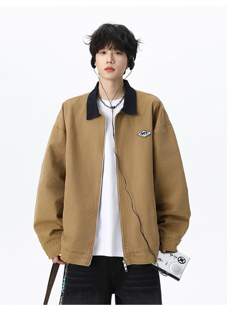 Maxbarley Trendy Cotton Jacket Men Autumn 2025 Hip-Hop Stitching Windproof Lapel Jackets K-Pop Antique Washed Motorcycle Coat