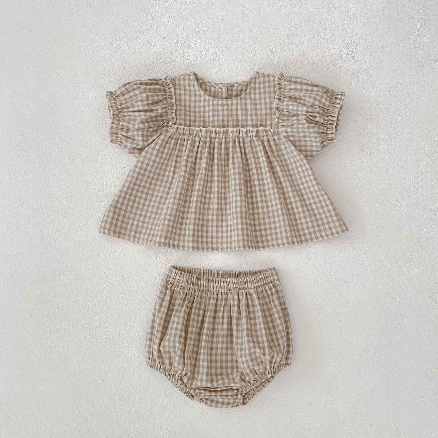 Girls Summer Fashion Set Children's Embroidered Grid Puff Sleeve Top+Shorts Two Piece Cute Baby Girls Clothes Set Baby Clothes
