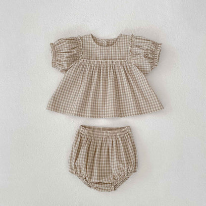 Girls Summer Fashion Set Children's Embroidered Grid Puff Sleeve Top+Shorts Two Piece Cute Baby Girls Clothes Set Baby Clothes