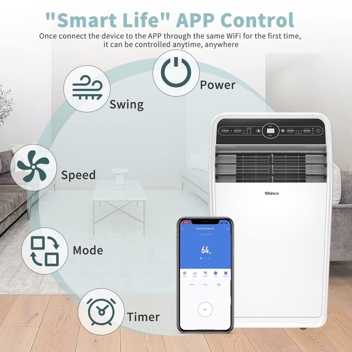 Ar-Condicionado Portátil Shinco 12.000 BTU Smart Wi-Fi, Unidade de AC Portátil com Modos Integrados de Resfriar, Desumidificar e Ventilar para Ambientes