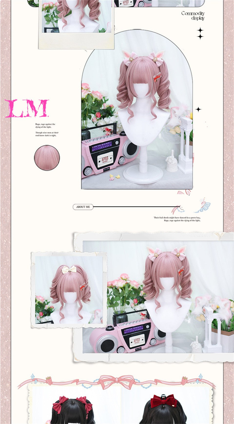 LM Medium Length Pink Cosplay Wig Heat Resistant Costume Party Synthetic Wigs 2 Clip On Ponytail 7 Colors