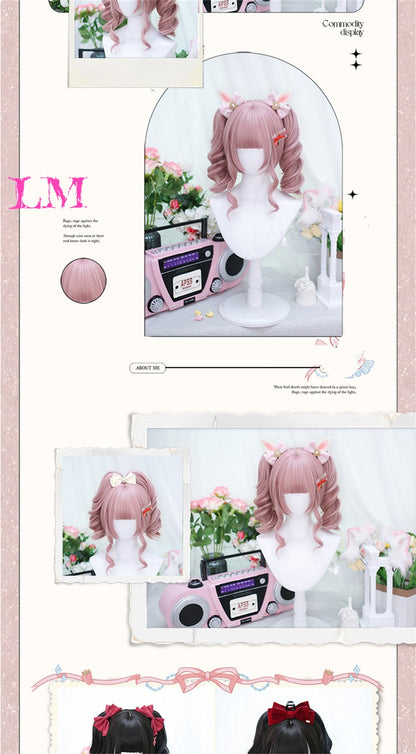 LM Medium Length Pink Cosplay Wig Heat Resistant Costume Party Synthetic Wigs 2 Clip On Ponytail 7 Colors