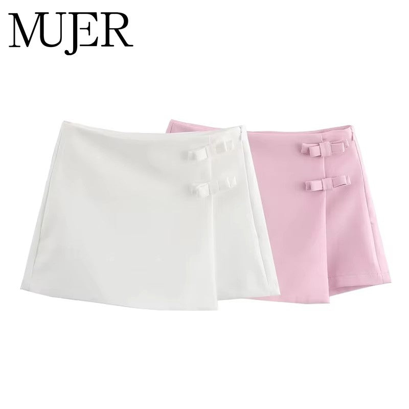 MUJER 2025 Pink White Mini Skirt Woman Fashion Bow Skort For Women Summer Slit S