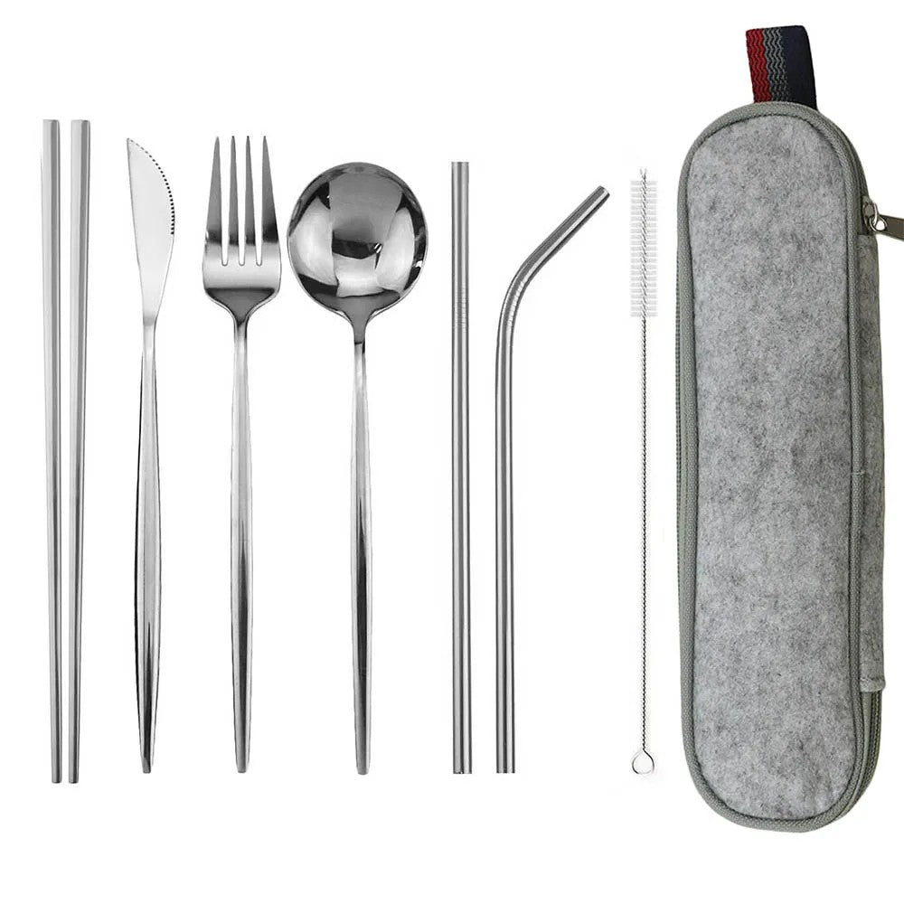 Travel Hiking Portable Dinnerware Set with Pouch Reusable Stainless Steel Straw Cutlery Knife Spoon Fork Chopsticks Silverware