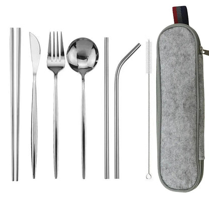 Travel Hiking Portable Dinnerware Set with Pouch Reusable Stainless Steel Straw Cutlery Knife Spoon Fork Chopsticks Silverware