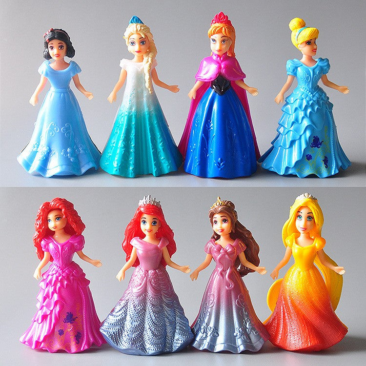 Disney 8 pçs/conjunto Vestido de Princesa Mutável Branca de Neve Anna Sereia Cinderela Bonecos de Brinquedo de Ação Modelo Presente para Crianças