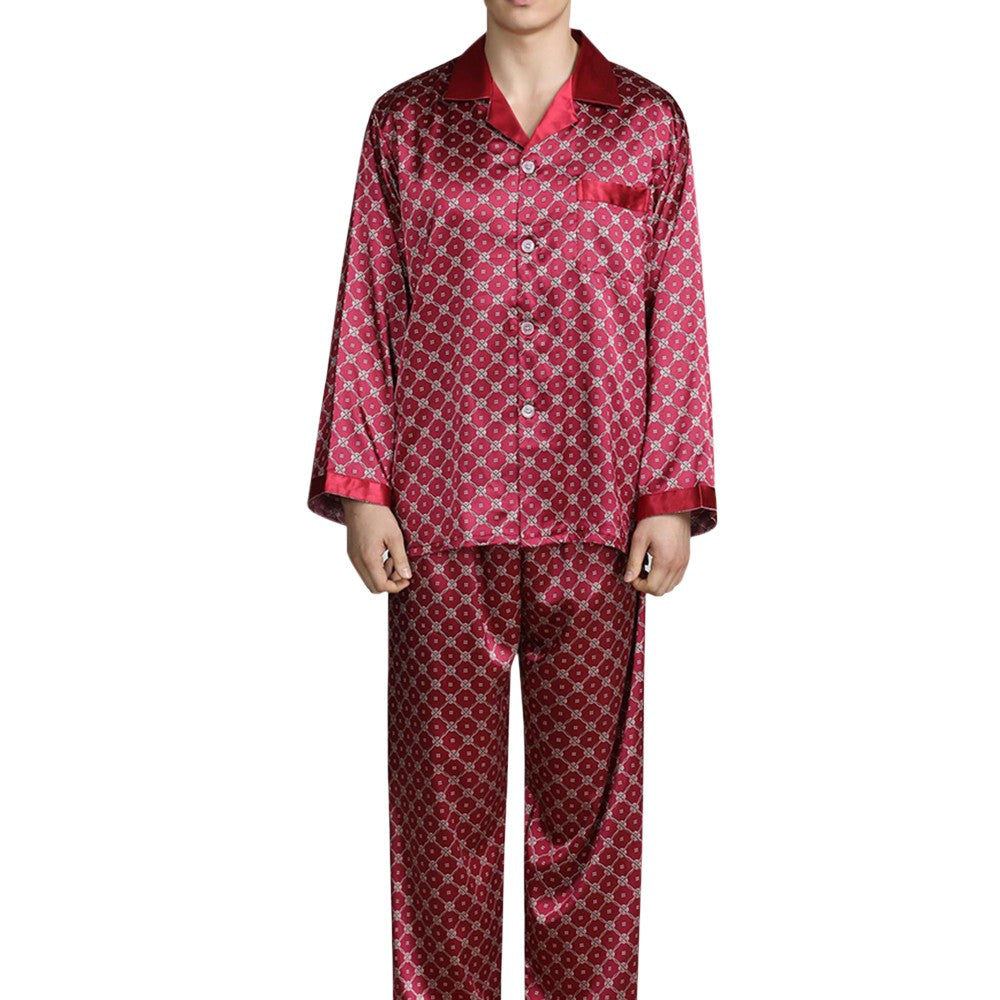 Mens Satin Silk Pajama Sets Sleepwear Casual Nightgown Loose Loungewear Pajamas Pijamas Autumn New Print Nightwear Homewear