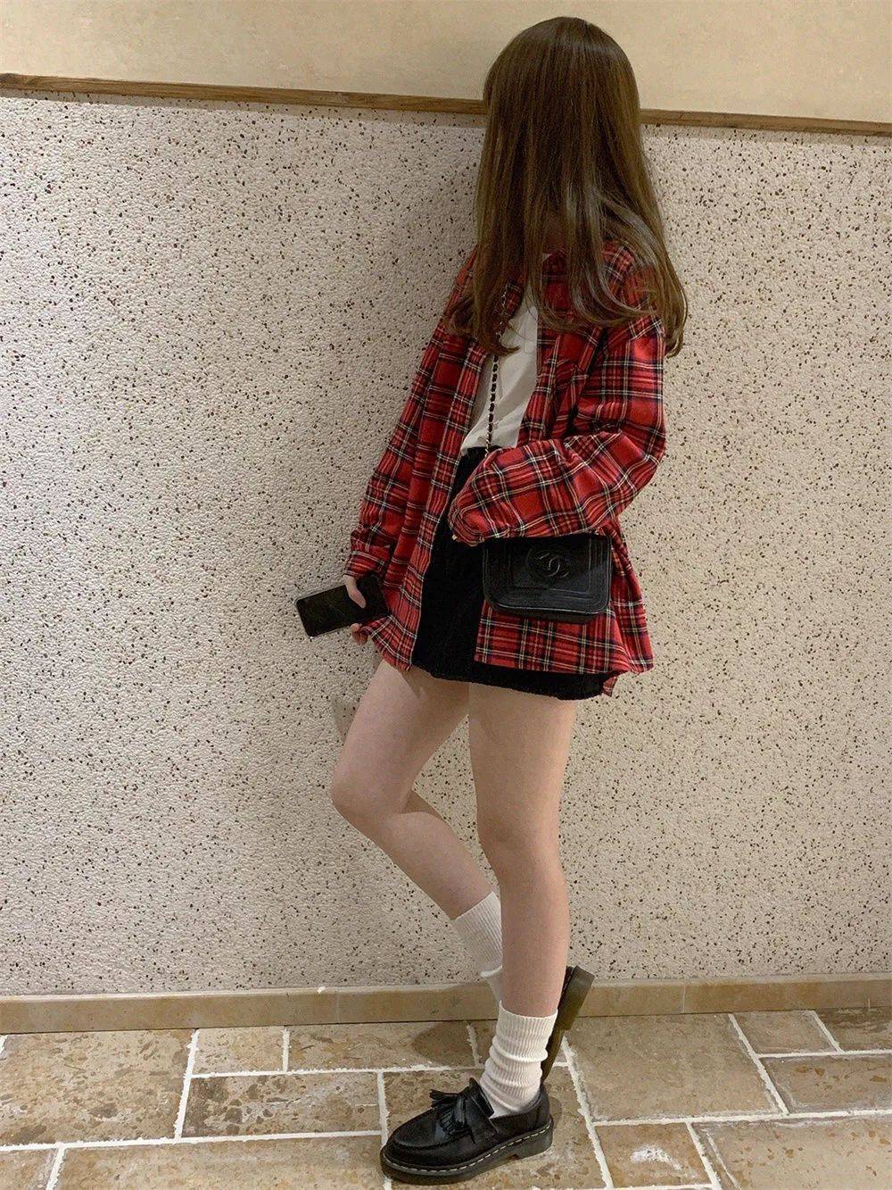 Scottish Red Plaid Shirt Luxury Hong Kong Style Vintage Loose Fit Women's Button up Shirt Polo Collar Full Sleeve Slim Fit