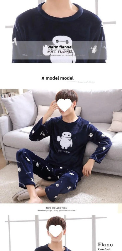 Thickened Flannel Sleepwear Set for Men Winter Home Clothes Coral Fleece Lined Autumn Winter Style Overhead Mens Nightgown