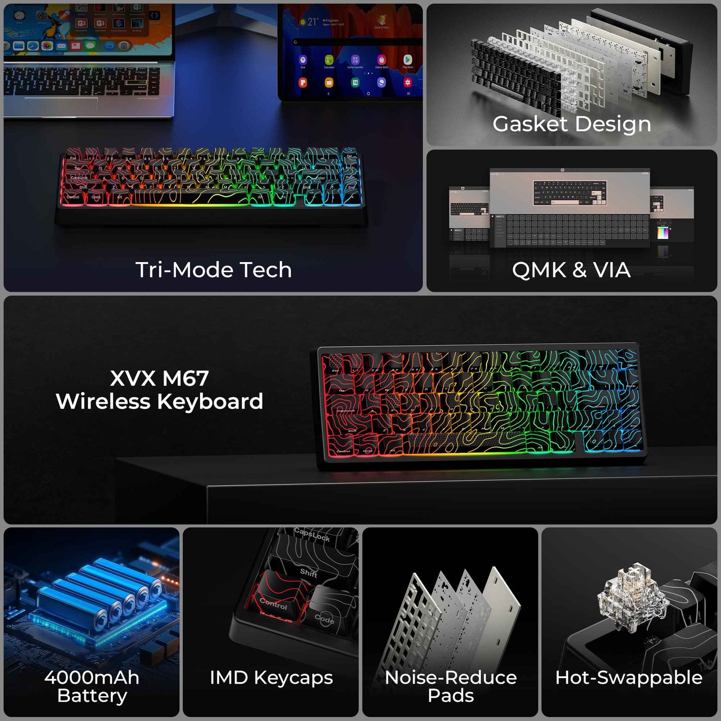 Teclado Mecânico XVX M67 JadeStone com Teclas IMD-Tech Hot Swappable Design Gasket Teclado com Retroiluminação RGB Personalizada Tri-Modo