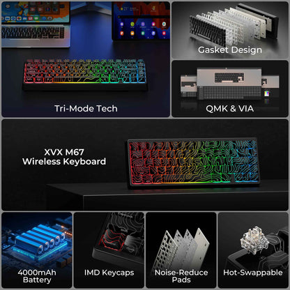 Teclado Mecânico XVX M67 JadeStone com Teclas IMD-Tech Hot Swappable Design Gasket Teclado com Retroiluminação RGB Personalizada Tri-Modo