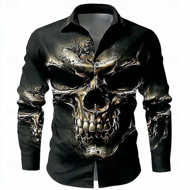 Men's Skull Day of the Dead Rose Shirt Casual Formal Button Shirt Long Sleeve Dark Punk Gothic Style Holiday Lapel Shirt White