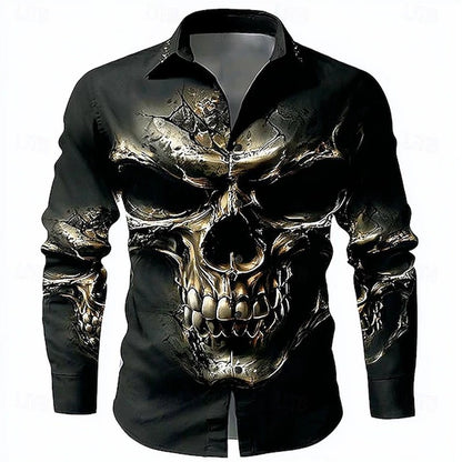 Men's Skull Day of the Dead Rose Shirt Casual Formal Button Shirt Long Sleeve Dark Punk Gothic Style Holiday Lapel Shirt White