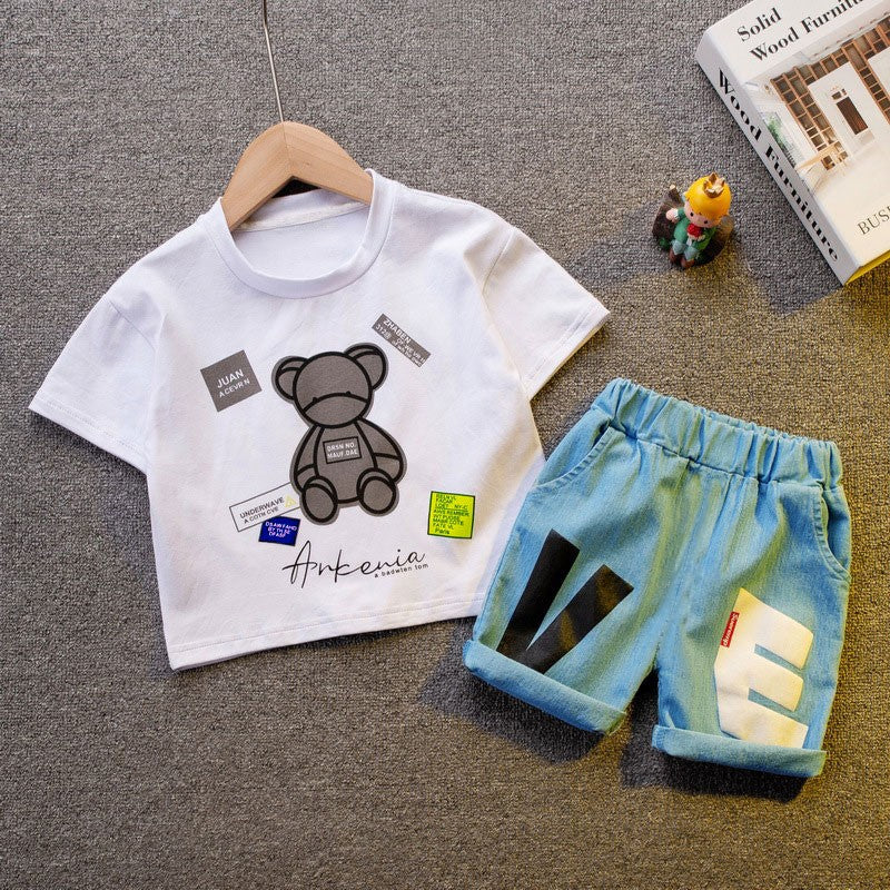 Conjuntos de Roupa Infantil Masculina de Algodão, Versão Coreana, Camisa de Manga Curta para Crianças Pequenas, Roupa de Verão