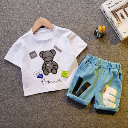 Conjuntos de Roupa Infantil Masculina de Algodão, Versão Coreana, Camisa de Manga Curta para Crianças Pequenas, Roupa de Verão