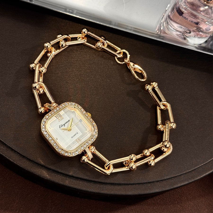 Luxury Minimalist Bracelet Watch Creative Square Multi-Faceted Glass Quartz Movement Chain Mid-century Small High-End Acces