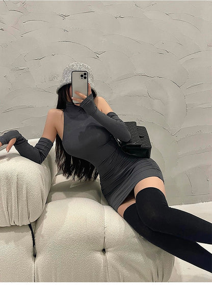 2025 New Women's Mini Dress Sleeveless Pleated Skinny Dress High Neck Lace Up Au