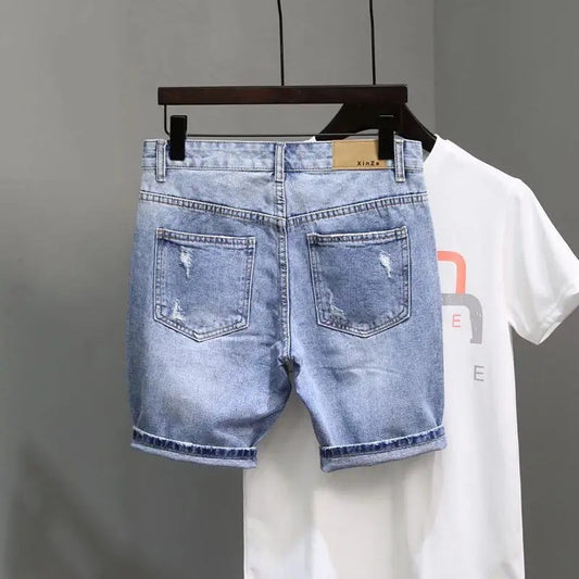 Trendy Denim Shorts For Men Summer Style Korean Version Thin Fit Hip Hop Brand Ins Small Group Medium Length Trousers