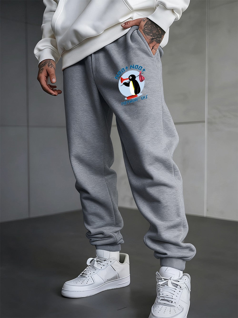 Noot Noot Cartoon Penguin Printing Sweatpants Men'S Basics Trousers Fleece Loose All-Match Sporty Pants Winter Men Streetwear