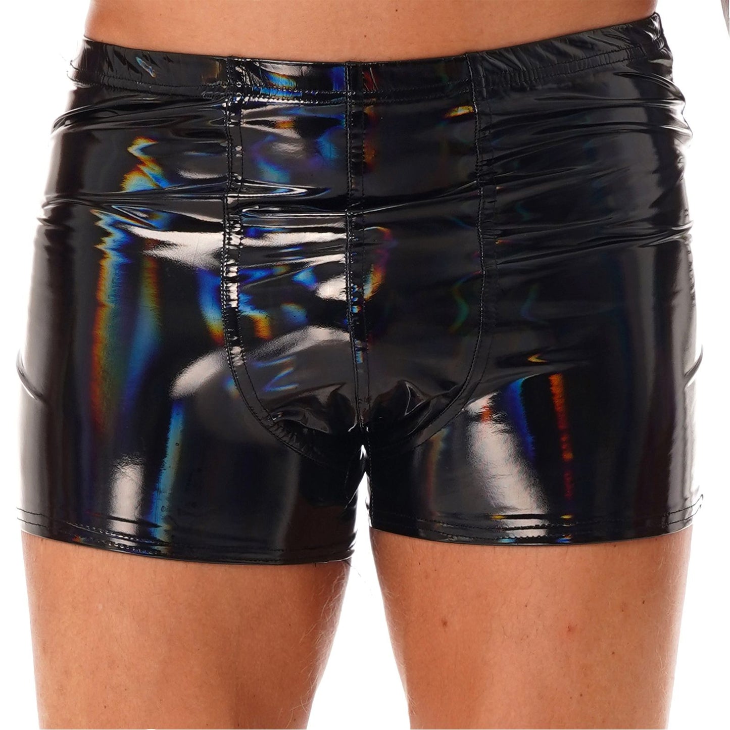 Mens Patent Leather Shorts Dance Performance Clubwear Wet Look Pants Elastic Waistband ShortsBulge Pouch Boxer Briefs Shorts