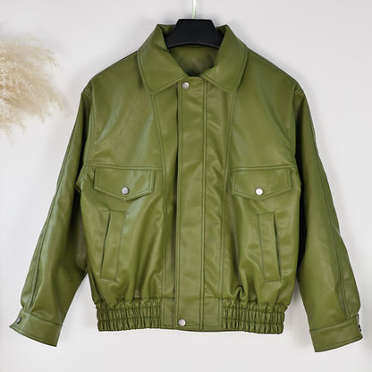 Olive Green Leather Jacket Coat Silhouette Vintage High Street Trend Zipper Lapel Short Overcoat Loose Casual Top Outwear Autumn