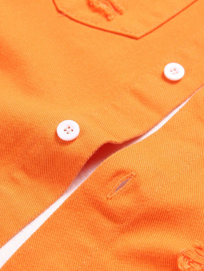 Men's summer orange short - sleeved denim shirt with holes. In a stylish and casual style.