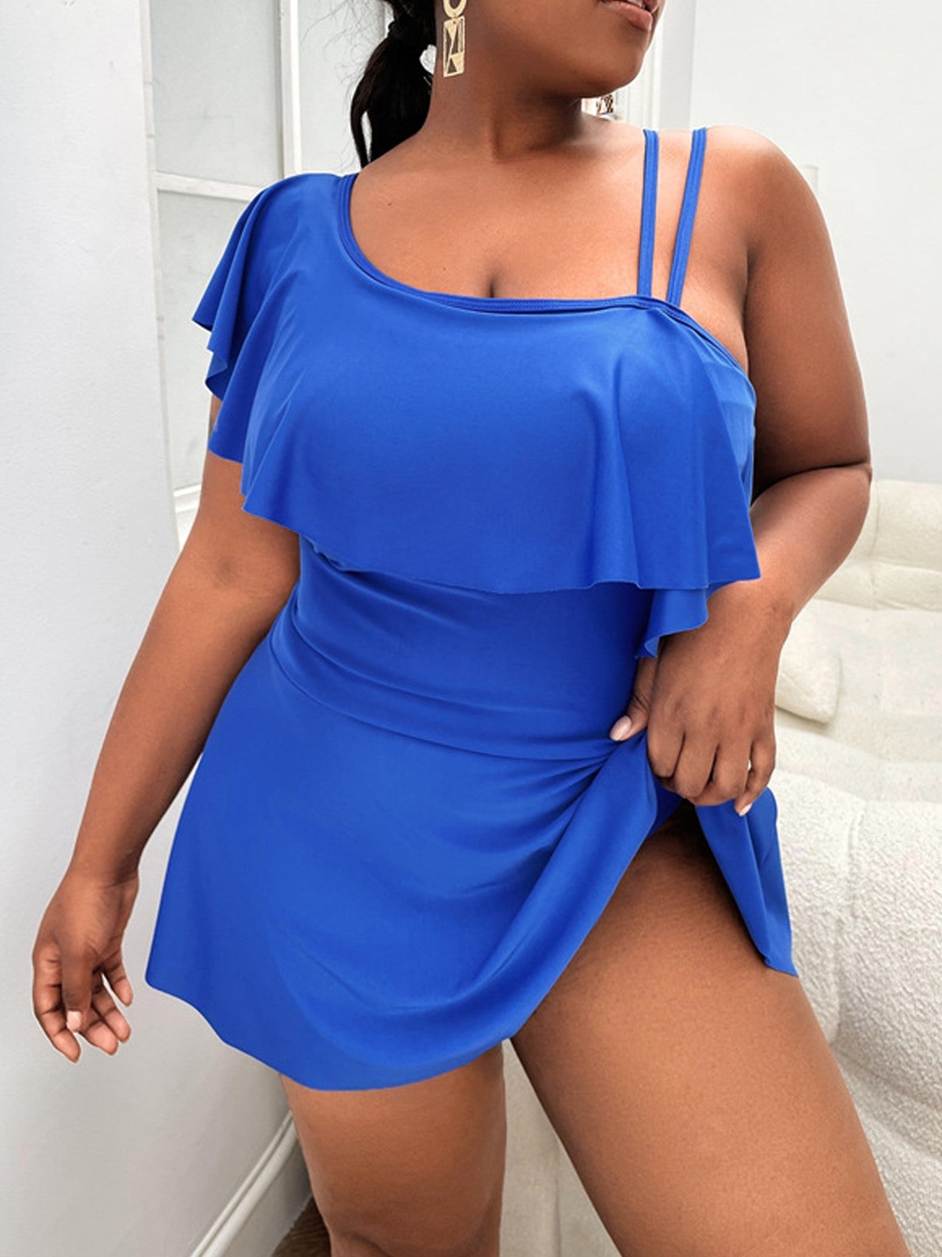 VigoJany 2025 Black Tankini Swimwear Women Plus Size Two Pieces Swimsuit Ladies Big One Shoulder Ruffle Tankini Bathing Suit