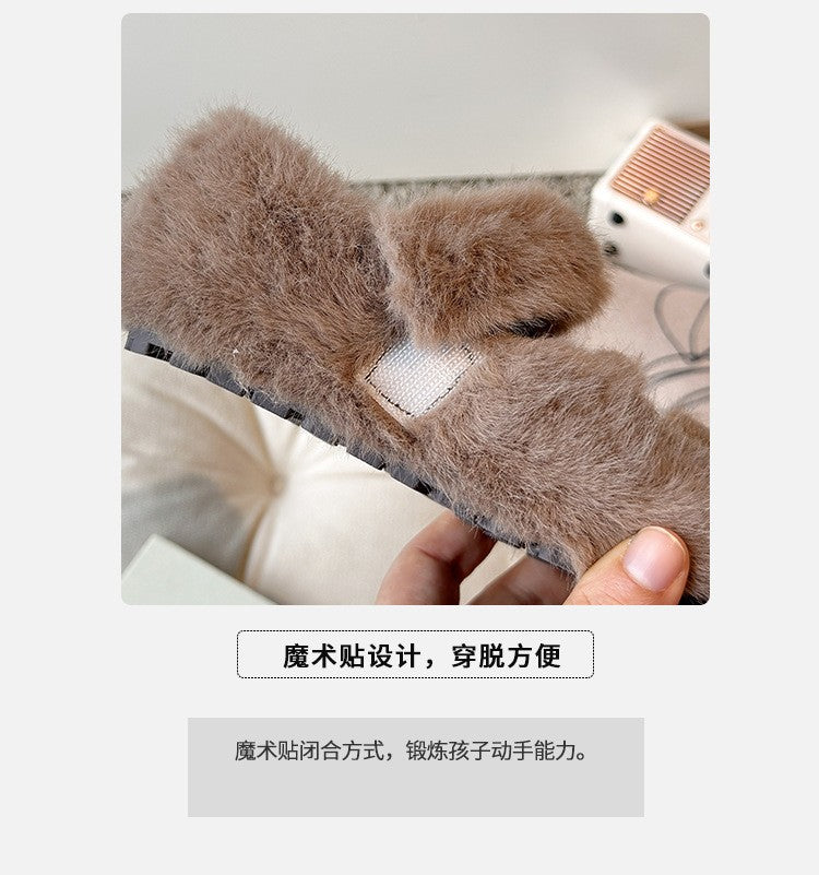 2025 Autumn Winter Children Warm Fur Shoes Fashion Rhinestone Moccasins Flats Outwear Girls Shoes Khaki, Beige, White