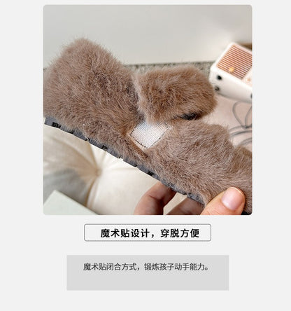 2025 Autumn Winter Children Warm Fur Shoes Fashion Rhinestone Moccasins Flats Outwear Girls Shoes Khaki, Beige, White