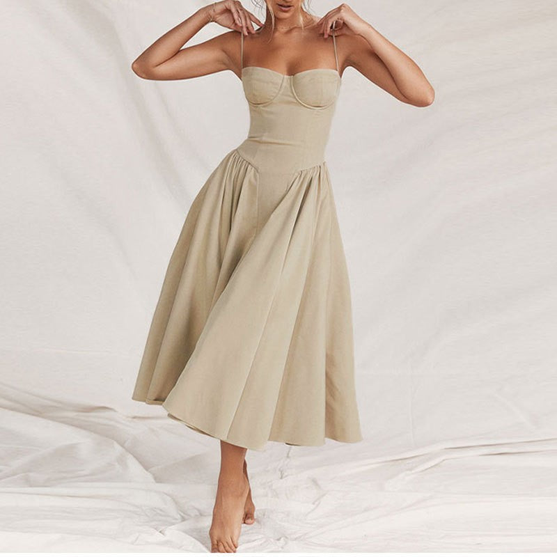 Summer Women Elegant Sleeveless Backless Pleated Dresses Lady Sexy Solid Sling M