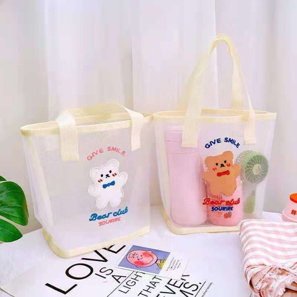 INS Cute Bear Cosmetic Bag Women Fashion Handbag Transparent Mesh Makeup Case Summer Convenient Swimming Outdoor Beach Bag