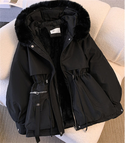 Women Autumn Winter Fashion Coats Korean Hooded Drawstring Padded Jackets Solid Female Casual Street Outfit Coat Zip Up Parkas