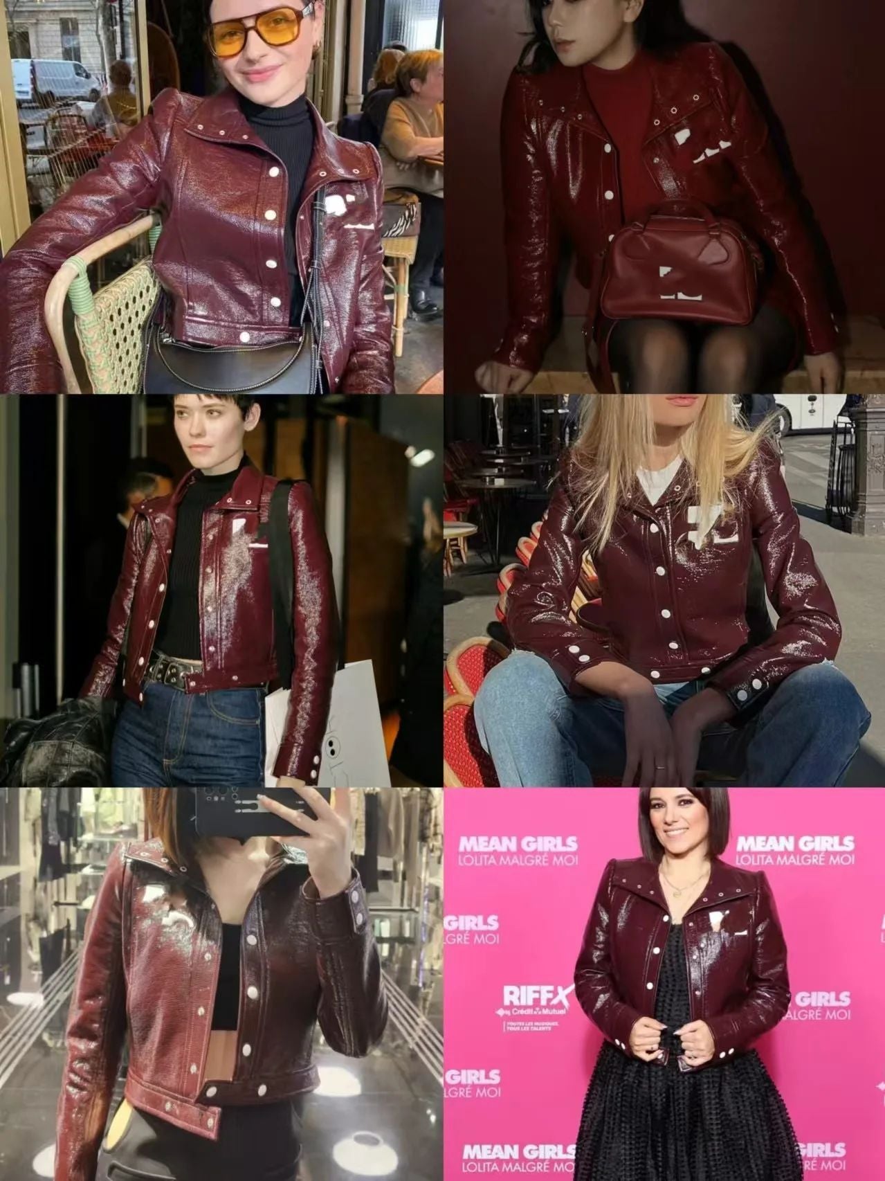 Trendy Luxury French Cou Logo Silhouette PU Leather Jacket Black Wine Red Short Coat Half Skirt Set Women's Fashion Outerwear