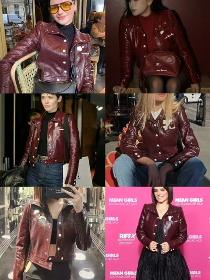 Trendy Luxury French Cou Logo Silhouette PU Leather Jacket Black Wine Red Short Coat Half Skirt Set Women's Fashion Outerwear