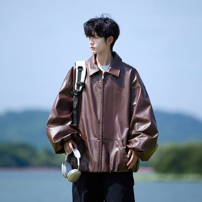 Trend Men's Faux Leather Jacket Autumn Winter Fashionable Solid Color Standing collar PU Leather Biker Jacket Handsome Men Coat