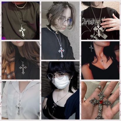 Gothic Big Zircon Cross Necklace Unisex Y2K Irregular Goth Large Cross Pendant Necklaces  for Men Women Couple Necklace Jewelry