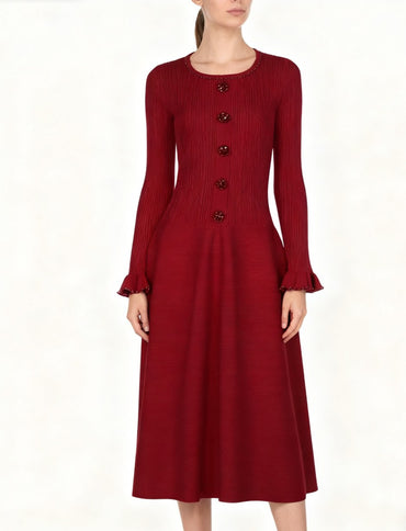 High Quality Spring And Autumn New Fashion Knitted Heavy Industry Pearl Slim Fit And Slimming Round Neck Long Sleeved Dress