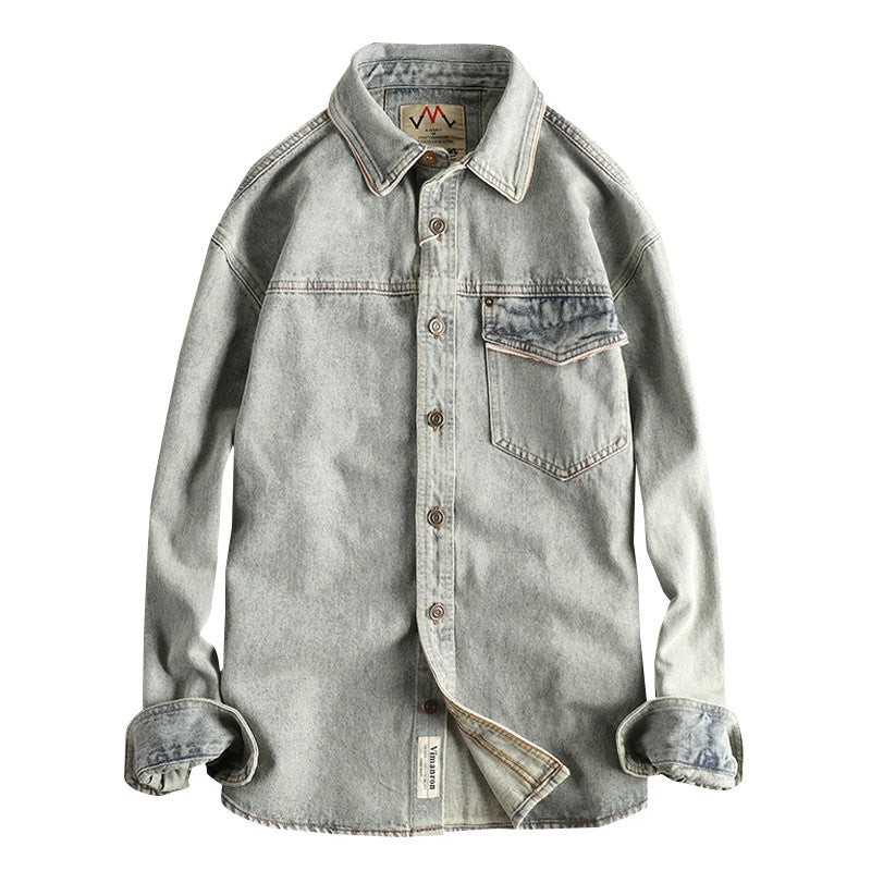 Autumn New American Retro Heavyweight Single Pocket Denim Cargo Shirt Men's Simple 100% Cotton Washed Casual Blouses Thin Jacket
