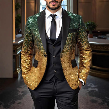 Shiny Sequin Tuxedo Jacket for Men - Royal Blue & Gold Gradient, Black Lapel, Formal Party/Wedding/Stage Wear? Coat.