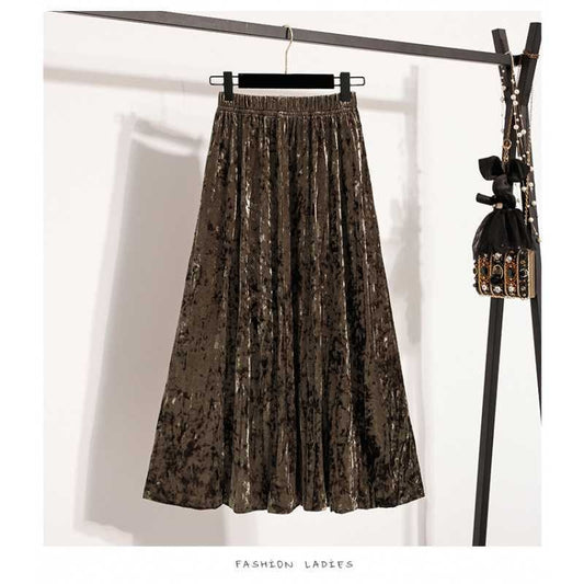 Plus Size Plus Size Women's Velvet Pleated A- Line Midi Skirt Autumn Winter Slimming Half-length Versatile Fashionable Commut...