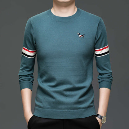 Hot Selling Original Quality Men's Knitted Sweater Striped Sleeves Cartoon Print O-Neck Pullover Autumn Winter Casual Menswear