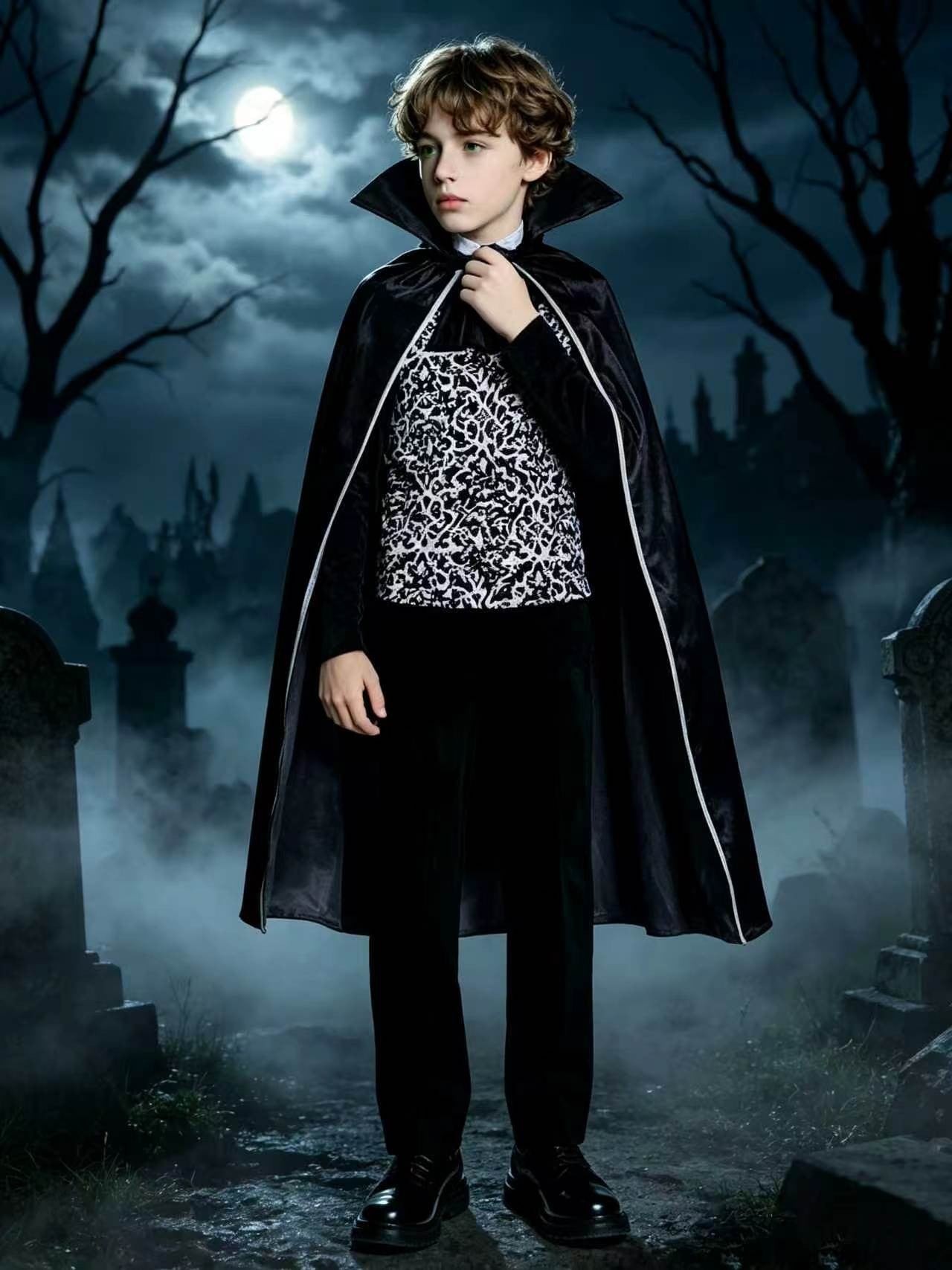 Vampire themed cloak costume set with pointed stand collar, great for Halloween cosplay and themed party dressing up