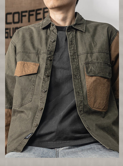 Spring and autumn new American vintage khaki loose long-sleeved shirt Japanese casual cargo shirt men's patchwork trend top