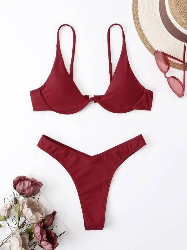 Sexy Underwire Bikini 2025 Mujer Women Solid Red Push Up Bra Thong Swimsuit Haler V Neck Bathing Suit Mini Micro Thong Swimwear